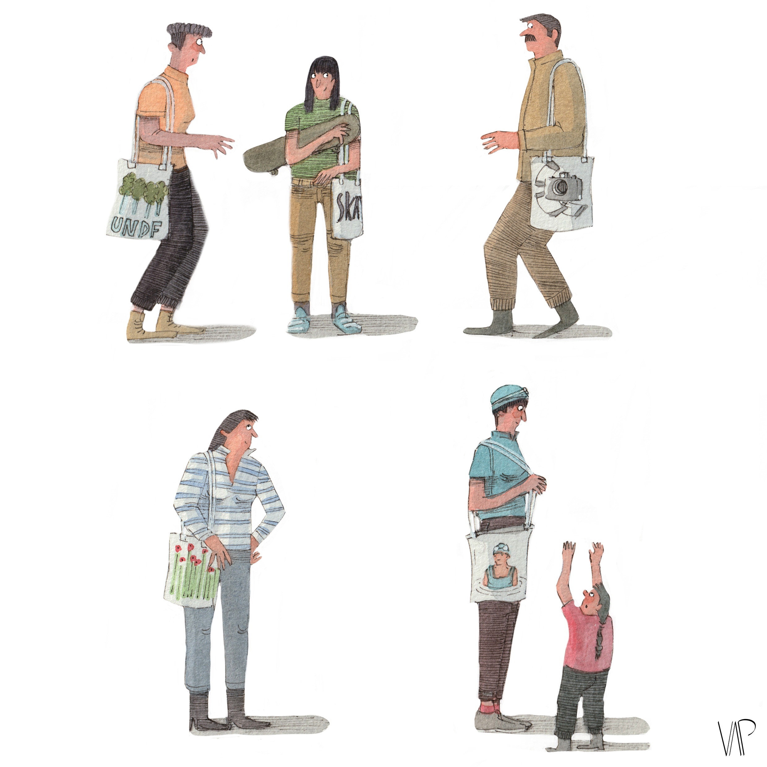 illustration Illustrations humoristiques de personnages et sacs réutilisables